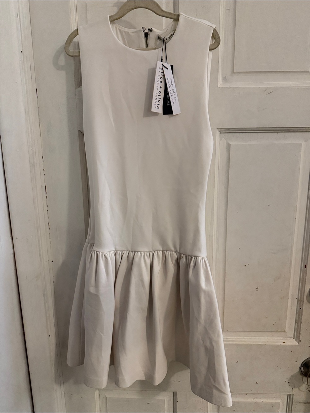 NWT Alice + Olivia Ivory Sleeveless Drop-Waist Neoprene & Leather Mini Dress -4